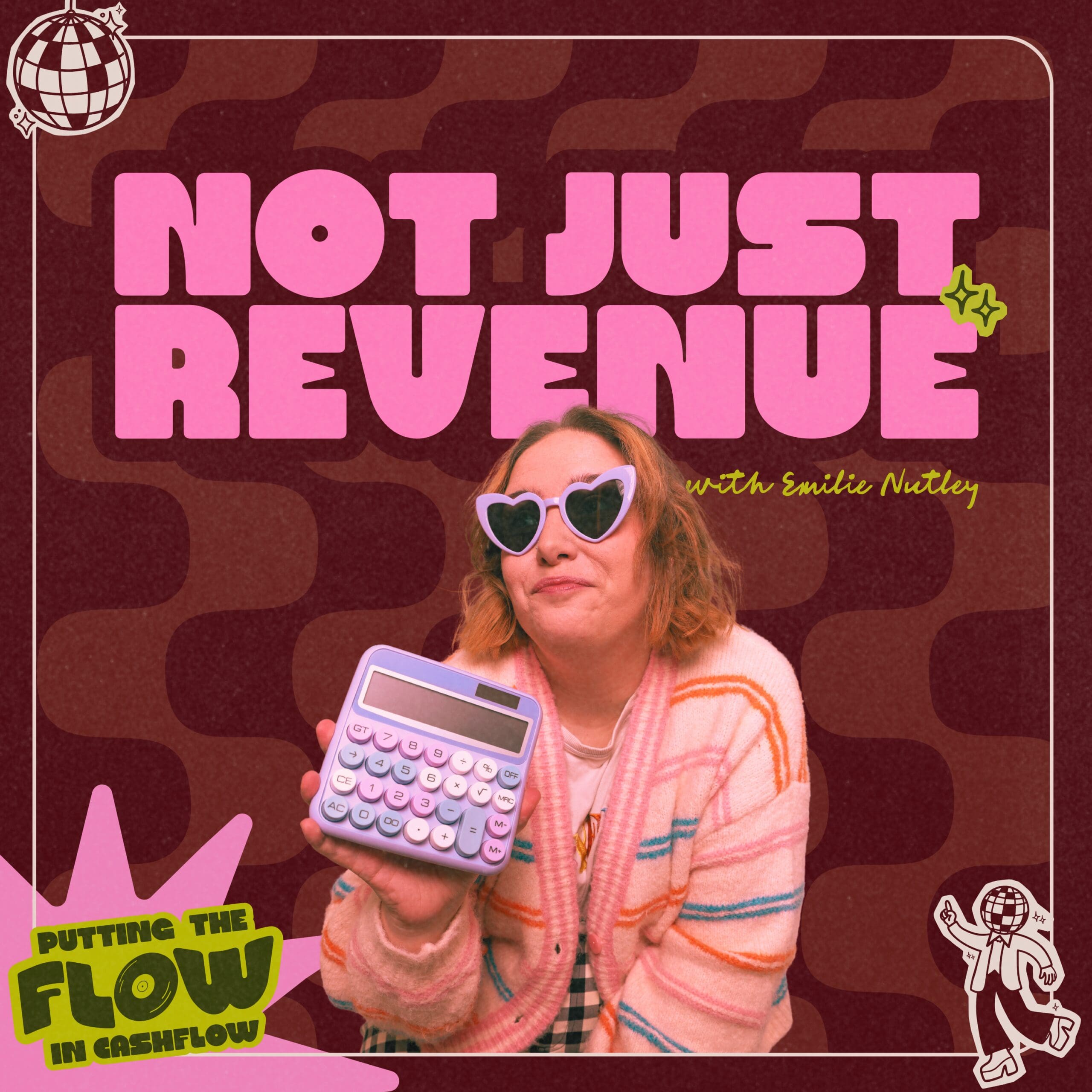 Emilie Nutley holding a calculator on the retro-style cover of the Not Just Revenue podcast.